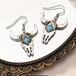 Turquoise Diamond Style Bullhead Skull Horns Silver Western Earrings Valentines